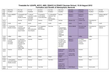 Timetable for iLEAPS, ACCC, ABS, CBACCI & CRAICC Summer School, 15-24 August 2012 Formation and Growth of Atmospheric Aerosols Time 7:008:00 8:3010:00