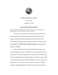 INSPECTOR GENERAL REPORT[removed]September 17, 2012 SPD BENEFITS INVESTIGATIONS Inspector General Staff Attorney Jennifer Cooper, after an investigation by