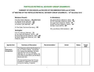 12th MEETING OF THE PARTICLES RETRIEVAL ADVISORY GROUP (DOUNREAY) – 18th December 2012