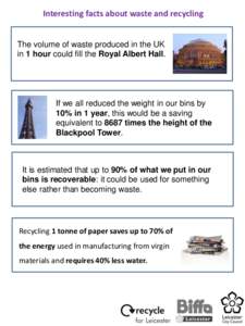 Interesting facts about waste and recycling  The volume of waste produced in the UK in 1 hour could fill the Royal Albert Hall.  If we all reduced the weight in our bins by