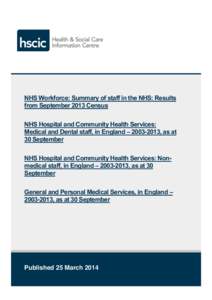 NHS Workforce: Summary of staff in the NHS: Results from September 2013 Census NHS Hospital and Community Health Services: Medical and Dental staff, in England – [removed], as at 30 September NHS Hospital and Community