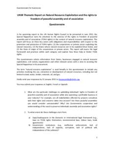 Questionnaire for businesses  UNSR Thematic Report on Natural Resource Exploitation and the rights to freedom of peaceful assembly and of association Questionnaire