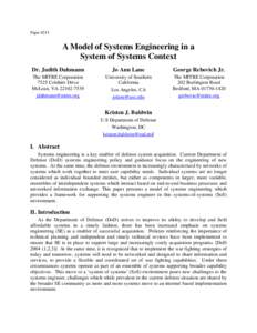 A Model for Systems Engineering in a System of Systems Context