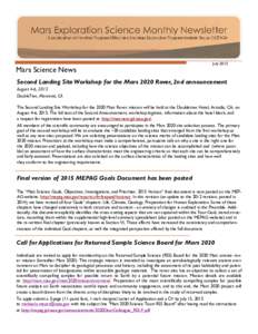 Mars Science News  July 2015 Second Landing Site Workshop for the Mars 2020 Rover, 2nd announcement August 4-6, 2015