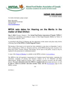 News release - MFDA sets dates for Hearing on the Merits in the matter of Sital Dhillon