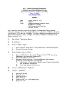 REAL ESTATE COMMISSION MEETING Professional and Vocational Licensing Division Department of Commerce and Consumer Affairs   State of Hawaii