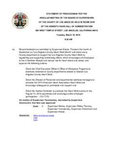 STATEMENT OF PROCEEDINGS FOR THE REGULAR MEETING OF THE BOARD OF SUPERVISORS OF THE COUNTY OF LOS ANGELES HELD IN ROOM 381B OF THE KENNETH HAHN HALL OF ADMINISTRATION 500 WEST TEMPLE STREET, LOS ANGELES, CALIFORNIA 90012