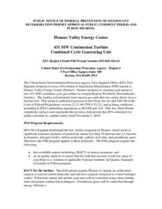 Public Notice of Federal Prevention of Significant Deterioration Permit Approval Public Comment Period and Public Hearing  | Pioneer Valley Energy Center, Westfield, Massachusetts