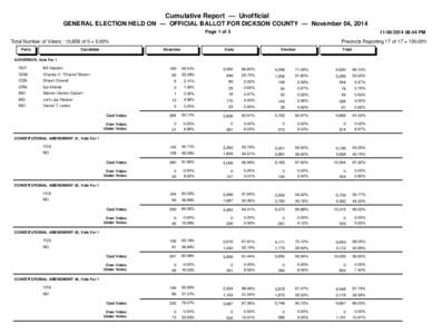 Cumulative Report — Unofficial GENERAL ELECTION HELD ON — OFFICIAL BALLOT FOR DICKSON COUNTY — November 04, 2014 Page 1 of[removed]:44 PM