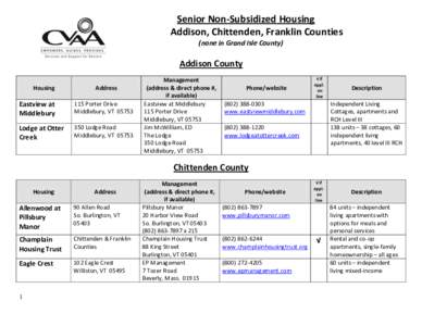 Senior Non-Subsidized Housing Addison, Chittenden, Franklin Counties (none in Grand Isle County) Addison County Housing