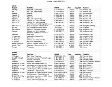 textbook price list[removed]MATH Subject Adv Alg 2 Alg 2