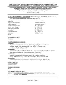 OBJECTIONS TO THE ISSUANCE OF SECOND ORDER MODIFYING ORDER FORMING CLAY TOWNSHIP REGIONAL WASTE DISTRICT, CLAY TOWNSHIP, HAMILTON COUNTY, INDIANA Clay Township of Hamilton County, Indiana, by Judith F. Hagan, Clay Townsh