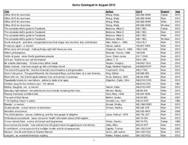Items Cataloged in August 2013 Title Office 2013 for dummies Office 2013 for dummies Office 2013 for dummies Office 2013 for dummies