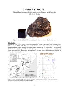 Dhofar 925, 960, 961 Basalt-bearing anorthositic (polymict) impact melt breccia 49, 35.4, 22.6 g Figure 1: Cut slab of Dhofar 925 showing feldspathic clasts in a breccia. Black cube is 1 cm.