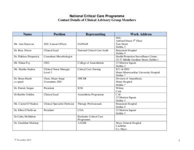 National Critical Care Programme Contact Details of Clinical Advisory Group Members Name  Position