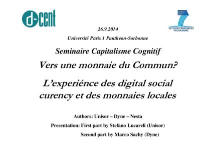 Université Paris 1 Pantheon-Sorbonne Seminaire Capitalisme Cognitif  Vers une monnaie du Commun?