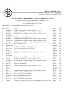 [removed]CONTEST SCORE REPORT SUMMARY FOR GRADES 8 AND 9 Summary of Results 8th and 9th Grade Contests – Math League China Regional Standing This Contest took place on Feb 22, 2014. Top 58 Students in 8th and 9th Grad