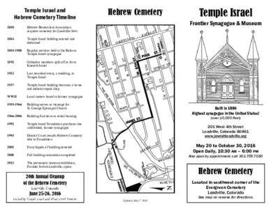 Temple Israel and Hebrew Cemetery Timeline 1880 Hebrew Benevolent Association acquires cemetery for Leadville Jews