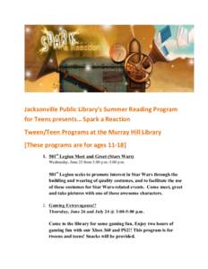  	
   Jacksonville	
  Public	
  Library’s	
  Summer	
  Reading	
  Program	
   for	
  Teens	
  presents…	
  Spark	
  a	
  Reaction	
   Tween/Teen	
  Programs	
  at	
  the	
  Murray	
  Hill	
  Libr