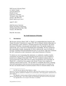 OSC Notice[removed]2012 Statement of Priorities – Request for Comments Regarding Statement of Priorities for Fiscal Year Ending March 31, [removed]Anita I. Anand (OSC Investor Advisory Panel) Letter of April 27, 20