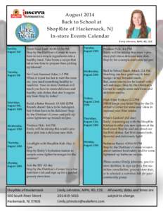 August 2014 Back to School at ShopRite of Hackensack, NJ In-store Events Calendar Emily Johnston, MPH, RD, CDE