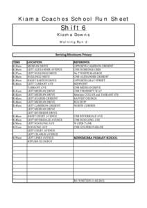 Kiama Coaches School Run Sheet  Shift 6 Kiama Downs Morning Run 2