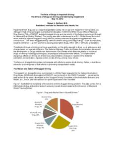 The Role of Drugs in Impaired Driving: The Effects of Drugs on Driving and Identifying Impairment May 15, 2012 Robert L. DuPont, M.D. President, Institute for Behavior and Health, Inc. Impairment from drug use is a major