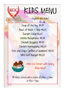 KIDS MENU (12years and under) Soup of the Day $4.00 Bowl of Mash & Veg $6.50 Garden Salad $5.50