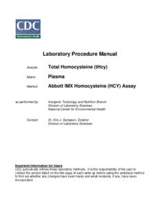 Laboratory Procedure Manual Analyte: Total Homocysteine (tHcy)  Matrix: