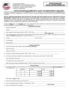 APPLICATION FOR SOCIAL AFFAIR PERMIT [SA] STATE OF NEW JERSEY DEPARTMENT OF LAW AND PUBLIC SAFETY DIVISION OF ALCOHOLIC BEVERAGE CONTROL