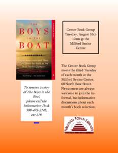 Center Book Group Tuesday, August 16th 10am @ the Milford Senior Center
