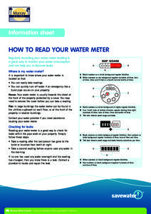 Information sheet  How to read your water meter Regularly recording your water meter reading is a great way to monitor your water consumption and can help you to discover leaks.