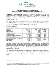 CITYSPRING INFRASTRUCTURE TRUST RESULTS FOR THE QUARTER ENDED 30 SEPTEMBER 2012 Singapore, 1 November 2012 – CitySpring Infrastructure Management Pte Ltd, the Trustee-Manager of CitySpring Infrastructure Trust (“City