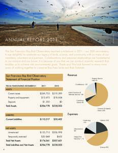 MICHAEL KERN  ANNUAL REPORT 2011 The San Francisco Bay Bird Observatory reached a milestone in 2011—our 30th anniversary. It was delightful to celebrate our legacy of birds, science, and community with so many of our m