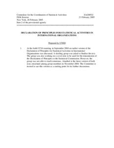 Committee for the Coordination of Statistical Activities SAFifth Session 21 February 2005 New York, 28 February 2005 Item 2 of the provisional agenda