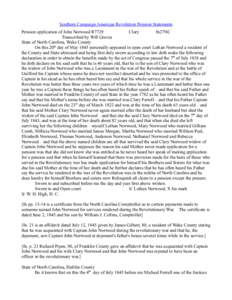 Southern Campaign American Revolution Pension Statements Pension application of John Norwood R7729 Clary fn27NC Transcribed by Will Graves State of North Carolina, Wake County