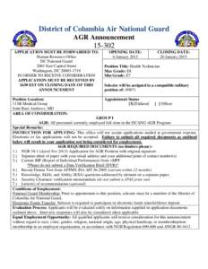 District of Columbia Air National Guard AGR Announcement[removed]APPLICATION MUST BE FORWARDED TO: Human Resource Office