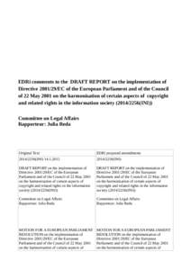 EDRi comments to the DRAFT REPORT on the implementation of DirectiveEC of the European Parliament and of the Council of 22 May 2001 on the harmonisation of certain aspects of copyright and related rights in the 