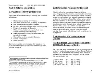 Cancer Care Nova Scotia  HEAD AND NECK GUIDELINES Part 3. Referral Information