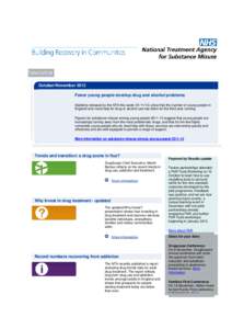 www.nta.nhs.uk October/November 2012 Fewer young people develop drug and alcohol problems Statistics released by the NTA this weekshow that the number of young people in England who need help for drug or alco