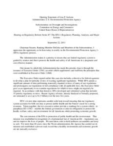 Opening Statement of Lisa P. Jackson, Administrator before the House Energy & Commerce, Subcommittee on Oversight & Investigations