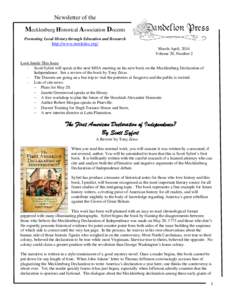 Newsletter of the  Mecklenburg Historical Association Docents Promoting Local History through Education and Research  http://www.meckdec.org/