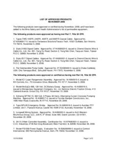 Mine Safety and Health Administration (MSHA) - Approved Products for the Minining Industry - Products Approved November 2008