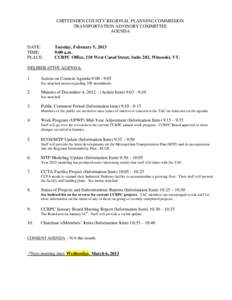 CHITTENDEN COUNTY REGIONAL PLANNING COMMISSION TRANSPORTATION ADVISORY COMMITTEE AGENDA DATE: TIME: