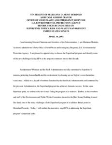 STATEMENT OF MARIANNE LAMONT HORINKO ASSISTANT ADMINISTRATOR OFFICE OF SOLID WASTE AND EMERGENCY RESPONSE U.S. ENVIRONMENTAL PROTECTION AGENCY BEFORE THE SUBCOMMITTEE ON SUPERFUND, TOXICS, RISK AND WASTE MANAGEMENT UNITE