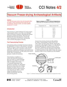 CCI Notes 4/2 Vacuum Freeze-drying Archaeological Artifacts Caution: This Note discusses actions that will physically affect the object, and/or procedures that involve the use of chemicals. Exercise caution, and seek qua