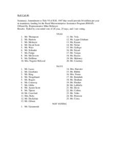 Roll Call #6 Summary: Amendment to Title VI of H.R[removed]that would provide $4 million per year in mandatory funding for the Rural Microenterprise Assistance Program (RMAP). Offered By: Representative Mike McIntyre Resul