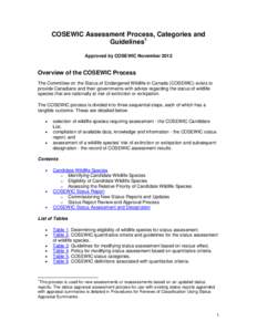 COSEWIC Assessment Process, Categories and Guidelines 1 Approved by COSEWIC November 2012 Overview of the COSEWIC Process The Committee on the Status of Endangered Wildlife in Canada (COSEWIC) exists to