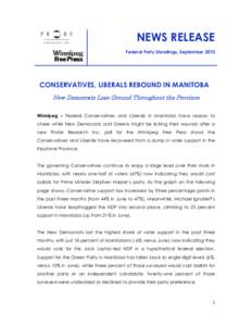 NEWS RELEASE Federal Party Standings, September 2010 CONSERVATIVES, LIBERALS REBOUND IN MANITOBA New Democrats Lose Ground Throughout the Province Winnipeg – Federal Conservatives and Liberals in Manitoba have reason t