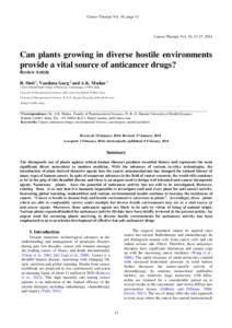Cancer Therapy Vol. 10, page 13  	
   Cancer Therapy Vol. 10, 13-37, 2014  Can plants growing in diverse hostile environments